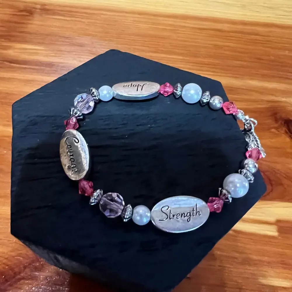 Breast Cancer Pink‎ Ribbon Silver Tone Beaded Bracelet Strength Courage Hope